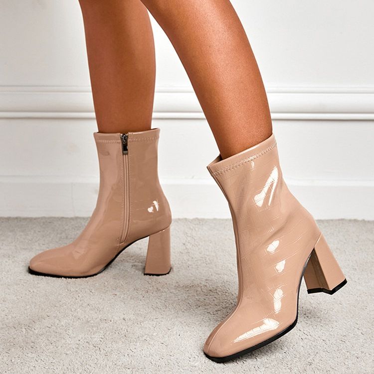 Plain Square Toe Side Zipper Pu Stövlar Boots