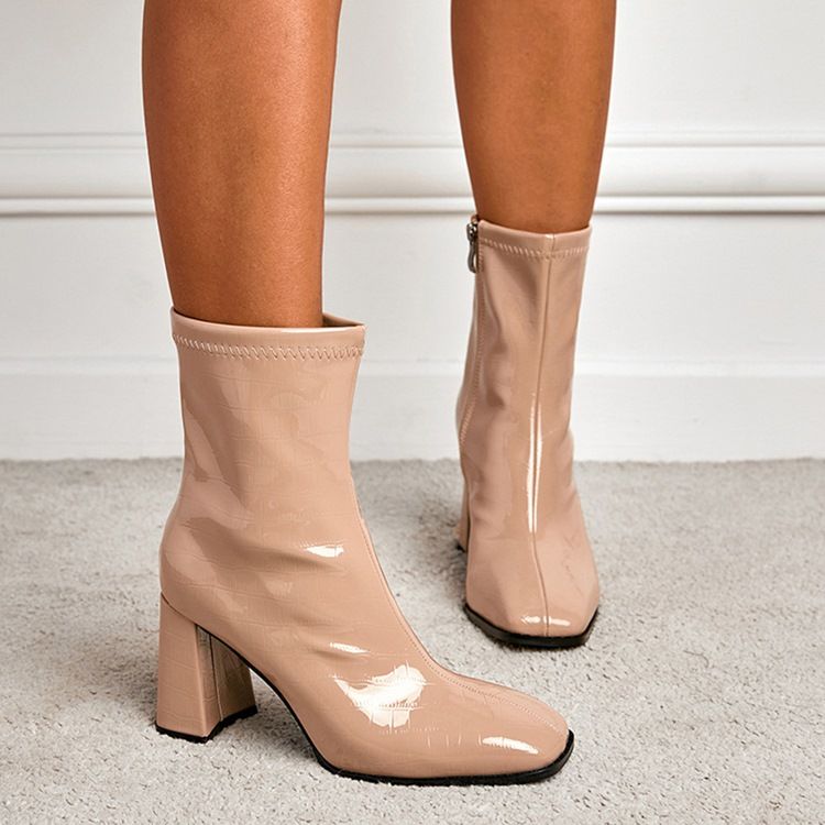 Plain Square Toe Side Zipper Pu Stövlar Boots