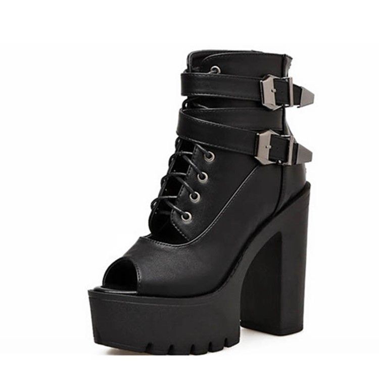 Pu Chunky Heel Peep Toe Dragkedja Dam Ankel Stövlar Boots