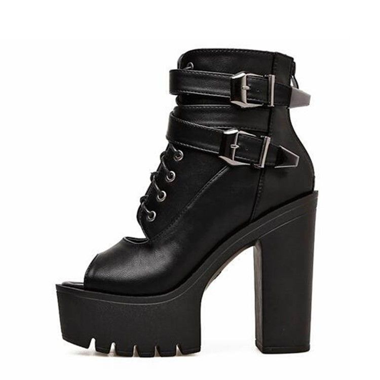 Pu Chunky Heel Peep Toe Dragkedja Dam Ankel Stövlar Boots