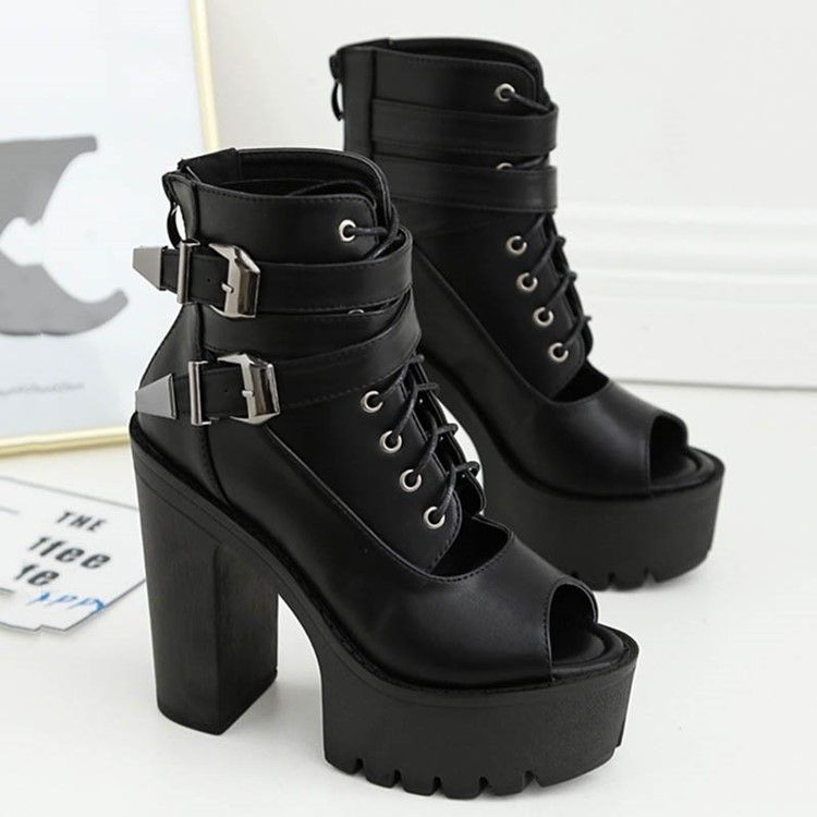 Pu Chunky Heel Peep Toe Dragkedja Dam Ankel Stövlar Boots