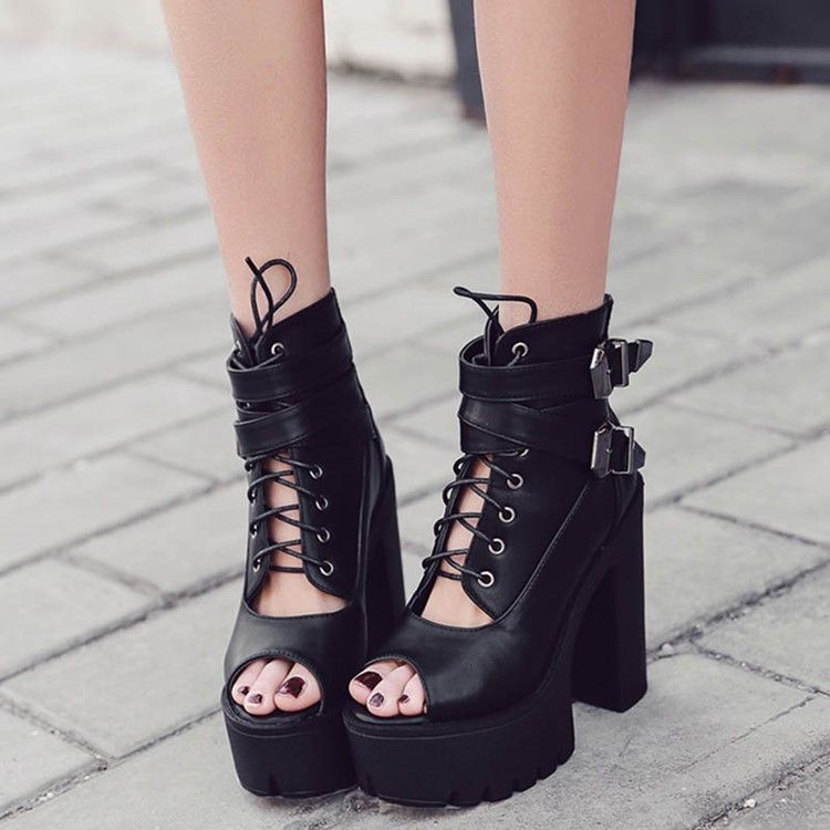 Pu Chunky Heel Peep Toe Dragkedja Dam Ankel Stövlar Boots