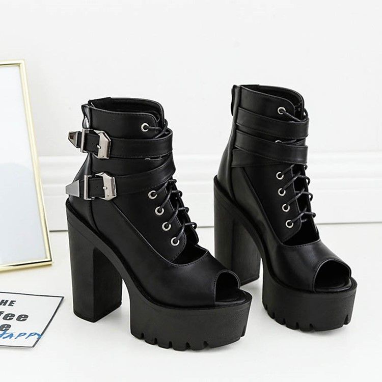 Pu Chunky Heel Peep Toe Dragkedja Dam Ankel Stövlar Boots