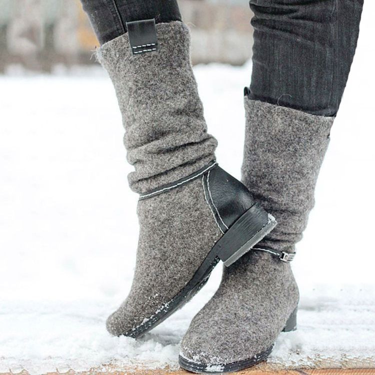Slip-On Patchwork Rund Tå Tråd Damstövlar