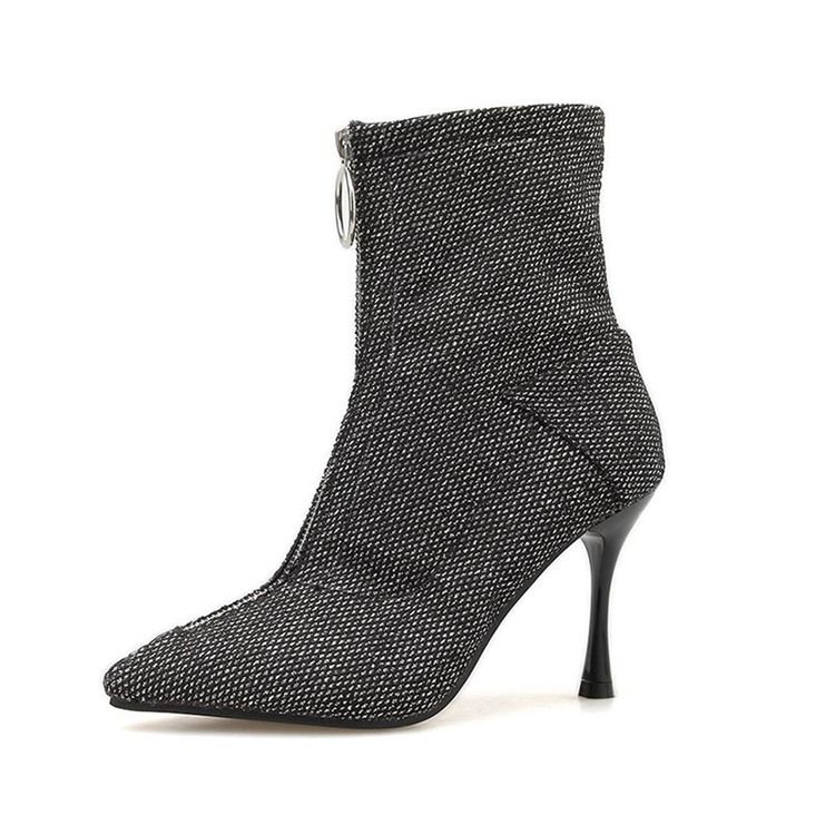 Spetsad Tå Fram Blixtlås Stilettklack Dam Ankel Stövlar Boots