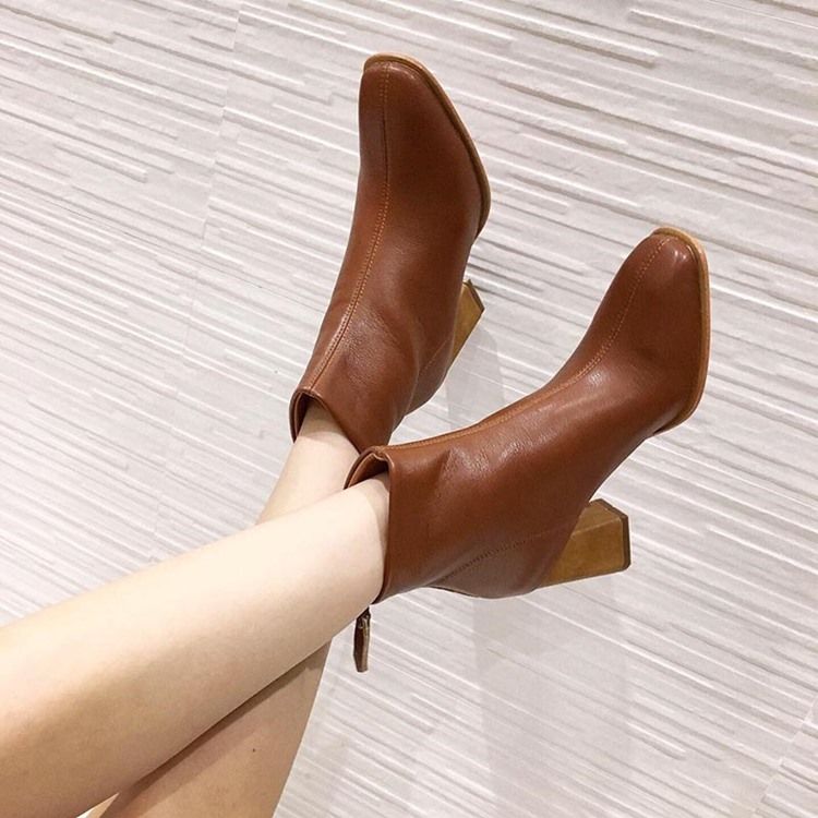 Vanlig Rund Tå Chunky Heel Enkla Ankelstövlar För Kvinnor