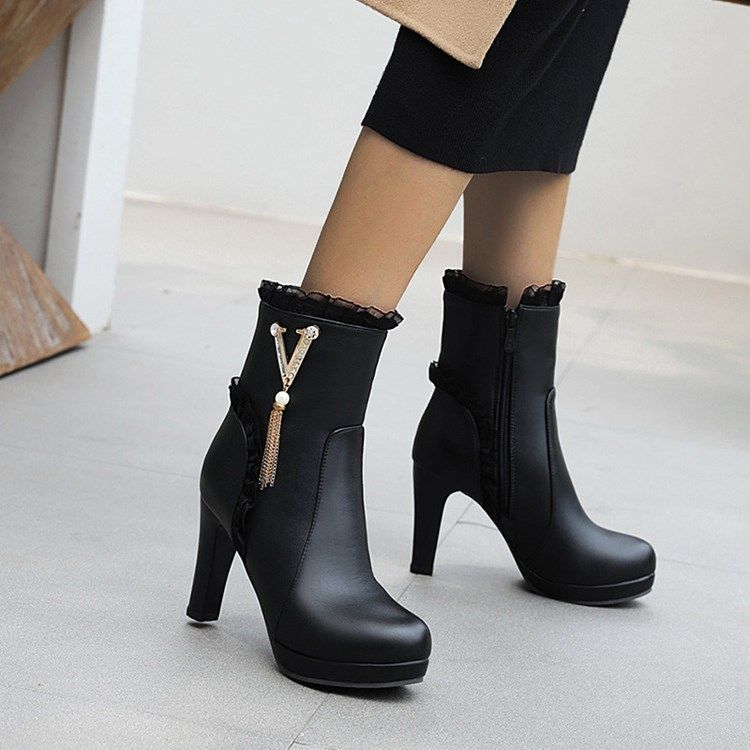 Zipper Patchwork Rund Toe Korta Floss Stövlar Boots